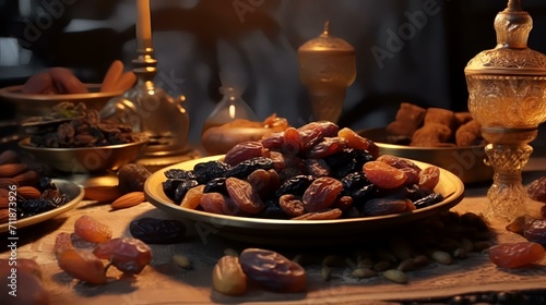 Dates, raisins, and dates on a wooden table. © shameem