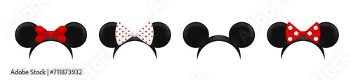 Mouse ears mask template. Black cute hats with red bows for fun parties and carnival with cartoon vector design elements photo