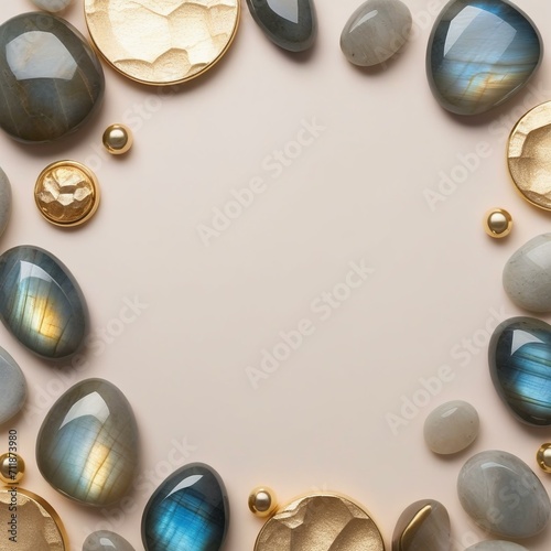 Chic and Stylish Stone Borders with Blue and Gold Stones, Blank Center