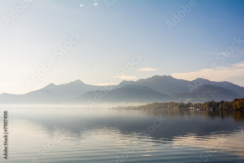 view over Chiemsee lake to the alps photo