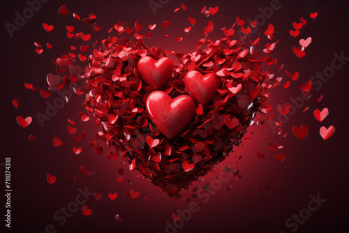 Three large red hearts flying among explosion of many small shapes on a dark background