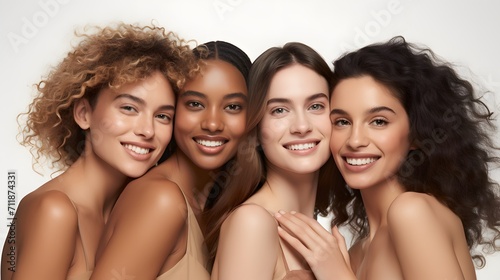 Multi ethinic group of female models. Diverse ethnicity white caucasian, indian asian and black african american against a white background