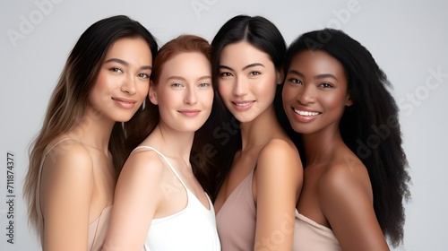 Multi ethinic group of female models. Diverse ethnicity white caucasian, asian and black african american against a plain grey background