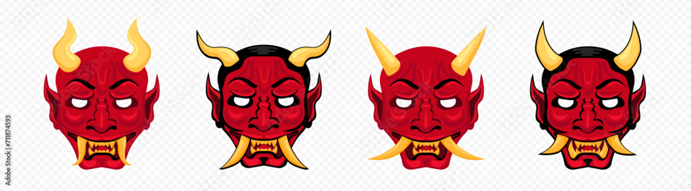 Japan devil masks with horns template. Scary red carnival monster with devil face and eye slits for halloween party and themed vector design Japan devil masks with horns template. Scary red carnival monster with devil face and eye slits for halloween party and themed vector design