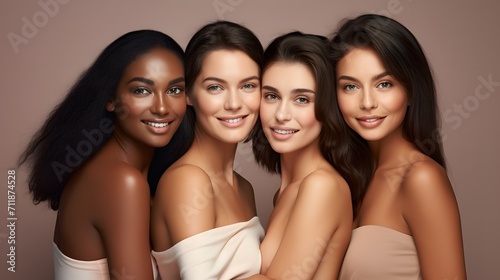 Multi ethinic group of female models. Diverse ethnicity white caucasian, indian asian and black african american against a plain grey background