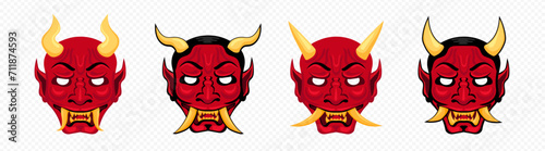 Japan devil masks with horns template. Scary red carnival monster with devil face and eye slits for halloween party and themed vector design