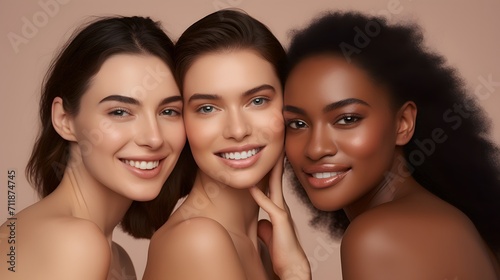 Multi ethinic group of female models. Diverse ethnicity white caucasian & black african american against a plain grey background