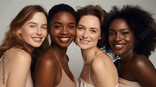 Multi ethinic group of female models. Diverse ethnicity white caucasian & black african american against a plain grey background photo