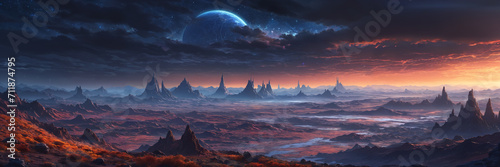 A futuristic alien landscape: unearthly planet with a mountains, night sky filled with stars and clouds