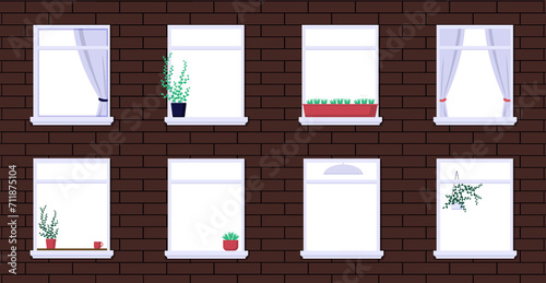 Apartment windows background. Residential building with flowers standing on windowsill and hanging vector curtains