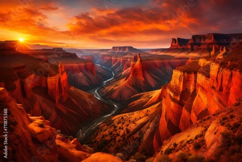 dramatic beauty of an American canyon, where rugged rock formations rise majestically against the backdrop of a vivid, fiery sunset