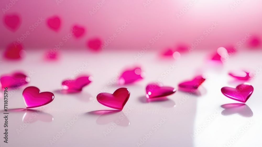 Valentine's day concept.Lots of pink glass hearts on a white background.Delicate, sensual look Valentine's day concept.Lots of pink glass hearts on a white background.Delicate, sensual look