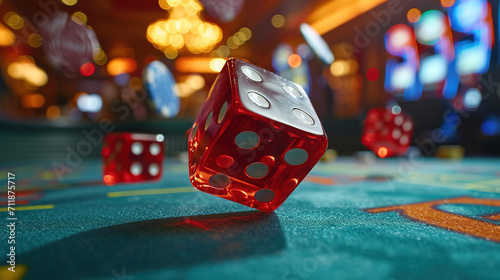 Casino dice in flight close-up photo