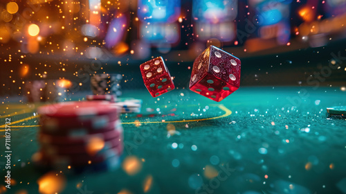Casino dice in flight close-up