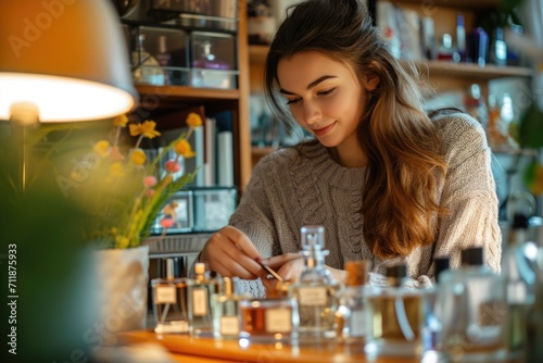 Woman creating unique perfume in perfume shop
