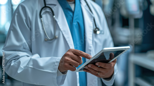 A medical doctor  viewing information on tablet. 
