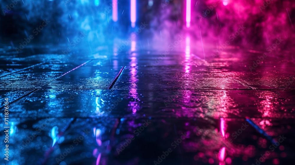 Obraz premium Futuristic abstract neon empty street background, neon light, smoke.