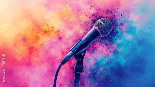 Microphone with vibrant color splash, perfect for street music festival promotions.
