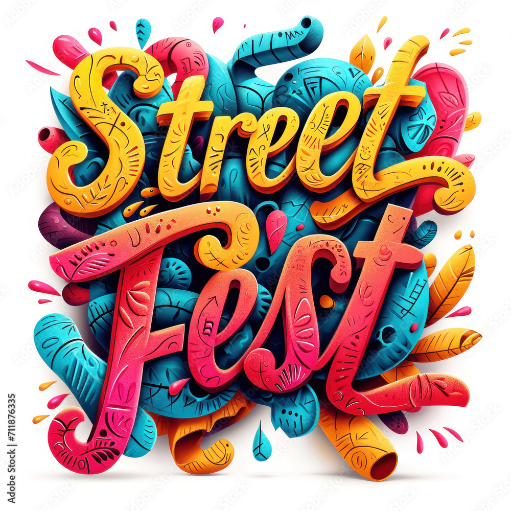 'Street Fest' in dynamic 3D typography surrounded by colorful doodles.
