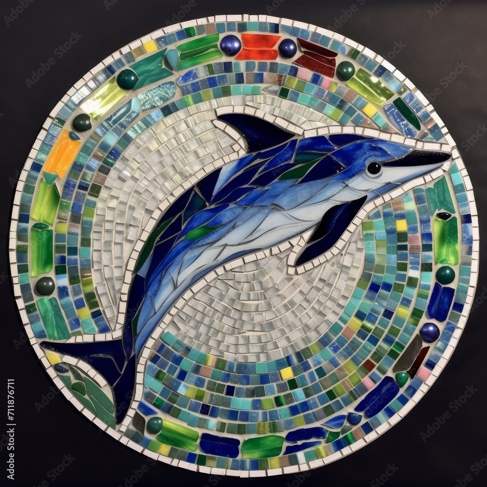 A mosaic of a jumping dolphin. 