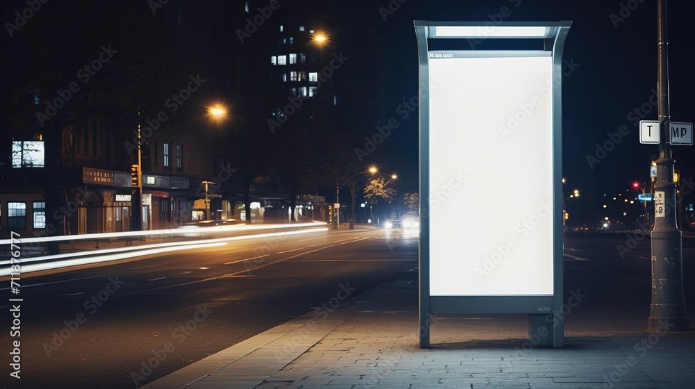 Blank vertical street poster mockup for advertising against night city background. street advertising banner Blank vertical street poster mockup for advertising against night city background. street advertising banner