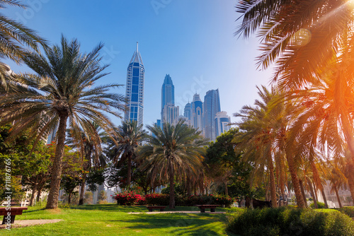 Fototapeta Naklejka Na Ścianę i Meble -  Cityscape of Dubai, summer park with skyscrapers, sunlight. Amazing view skyline. Concept travel tourism in UAE