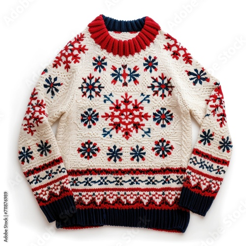 Snowflake accent knit sweater in red and navy, a holiday classic. © Liana