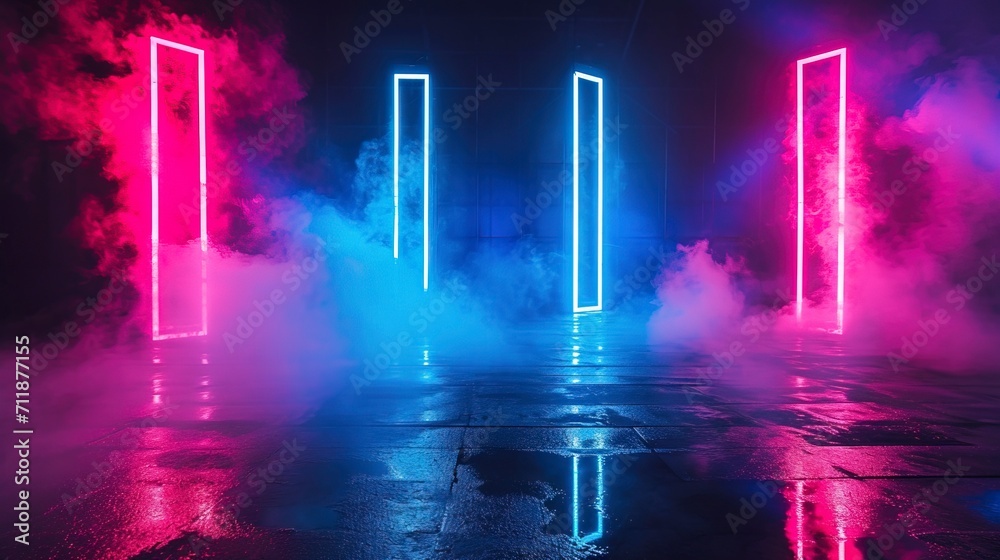 Neon abstract scene background with smoke, concrete, reflection.
