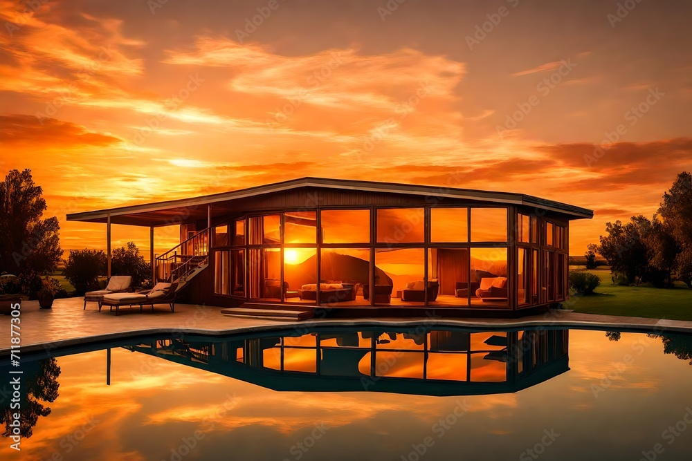 Sunset perspective of a mobile home with swimming pool, highlighting the warm glow inside the home and the shimmering pool mirroring the orange hues of the setting sun