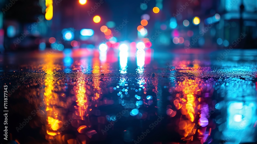 Wet asphalt, neon bokeh night city, concrete, reflection.