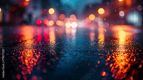 Wet asphalt, neon bokeh night city, concrete, reflection. photo