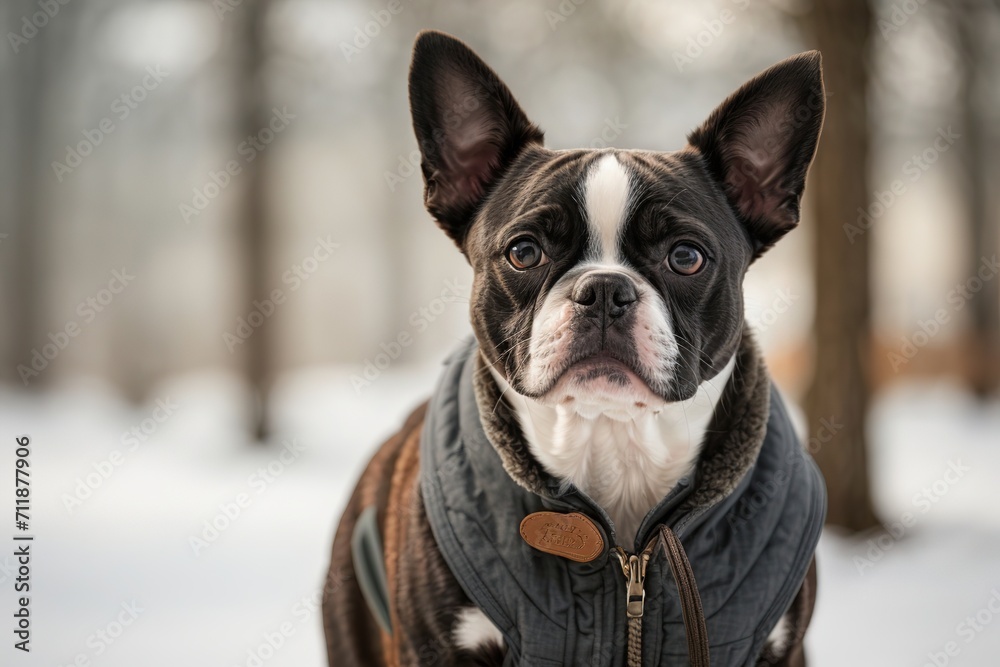 Perro, boston terrier, vestido con chaqueta, mirando a cámara, en un paisaje nevado