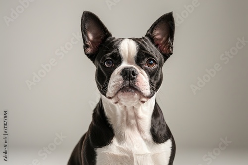 Rostro de perro boston terrier, mirando a cámara, sobre fondo blanco