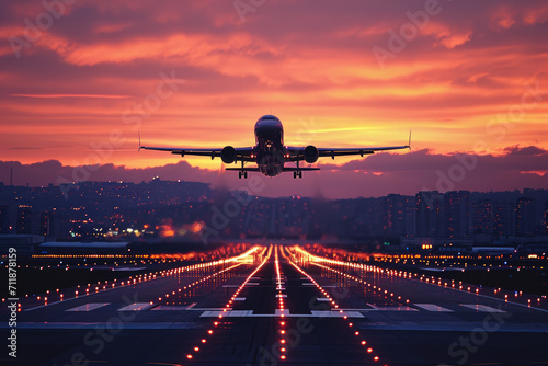 a passenger plane takes off at sunset Ai generative