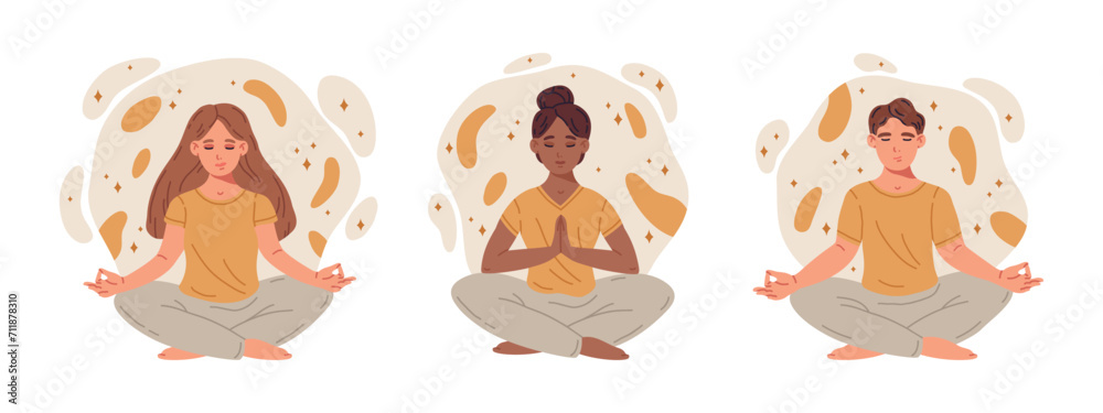 People in yoga pose. Man and woman meditating in yoga lotus pose, relaxation, calm and tranquility flat vector illustration. Meditating characters People in yoga pose. Man and woman meditating in yoga lotus pose, relaxation, calm and tranquility flat vector illustration. Meditating characters