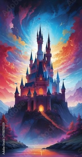 AI illustration of a majestic castle, perched atop a hill, basks in the warm glow of a sunset