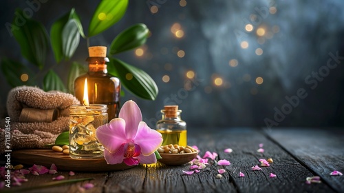 Dark background spa procedures, massage. Orchid, candle and oil on a wooden tabletop photo