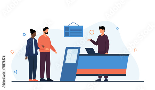 Couple visit to business exhibition booth, expo trade show event. Man and woman visitors standing at commercial stand with promoter for exhibits products presentation cartoon vector illustration
