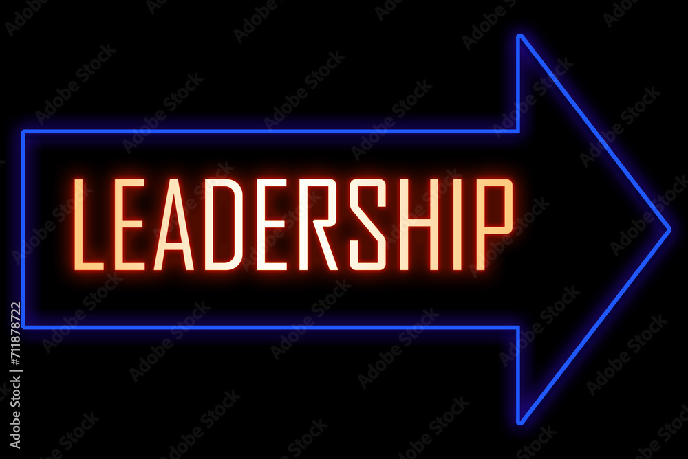 Neon arrow sign with text. Word Leadership. Business, vision, wisdom, skillful, decision, teamwork and success concept.