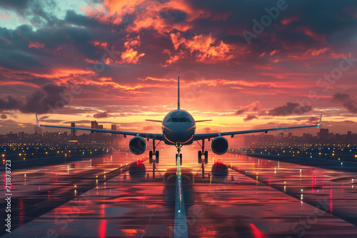 a passenger plane takes off at sunset Ai generative