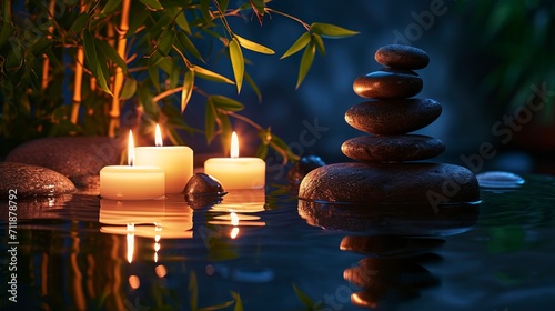 Dark background spa procedures  massage. Orchid  candle and oil on a wooden tabletop