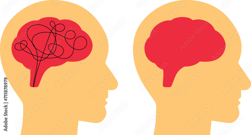 human head silhouette, brain illustration, neural network, complex vs. simple, cognitive comparison, orange background, red brain shapes, conceptual diagram illustration in vector human head silhouette, brain illustration, neural network, complex vs. simple, cognitive comparison, orange background, red brain shapes, conceptual diagram illustration in vector