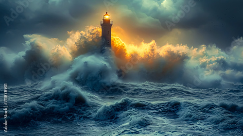 Lighthouse in the middle of a stormy sea at night.. 3d rendering. Computer digital drawing.