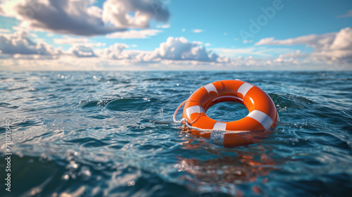 An orange lifebuoy floats on the open sea, symbolizing safety and hope under the vast sky photo