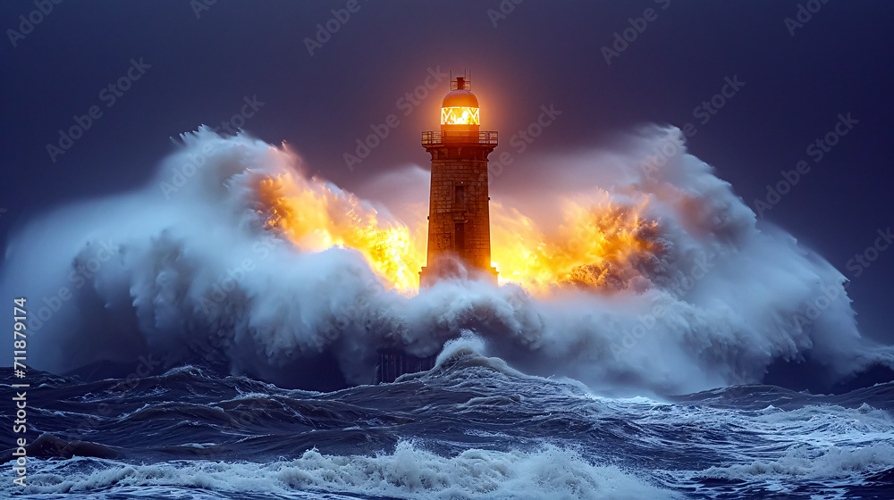 Lighthouse in the middle of a stormy sea at night.. 3d rendering. Computer digital drawing.
