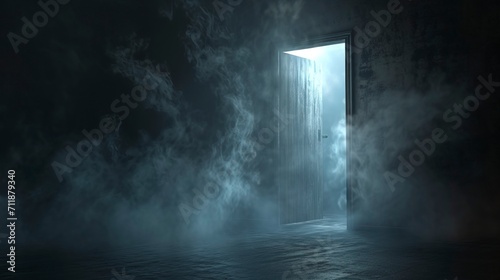 An open magic door in a dark room. Magic particles  smoke  smog