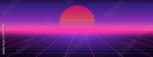 Synthwave purple futuristic background. Neon geometric grid light space with setting sun abstract cyberpunk design purple 80s disco fantastic vector graphic glow.