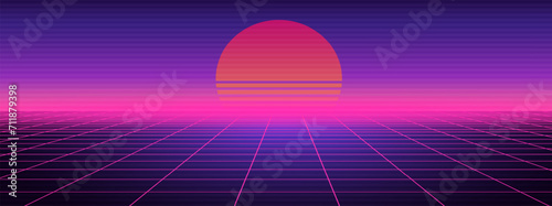 Synthwave purple futuristic background. Neon geometric grid light space with setting sun abstract cyberpunk design purple 80s disco fantastic vector graphic glow.