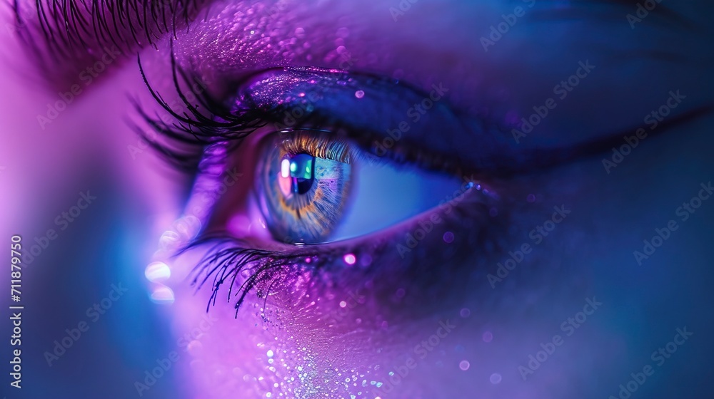 Bright female eye close-up in ultraviolet neon glow, bokeh - obrazy, fototapety, plakaty 