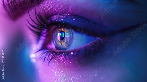 Bright female eye close-up in ultraviolet neon glow, bokeh photo
